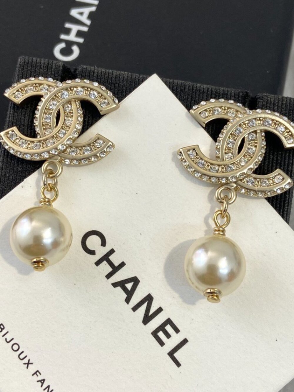 Chanel Iconic CC Crystal Faux Pearl Drop Earrings Gold Tone
